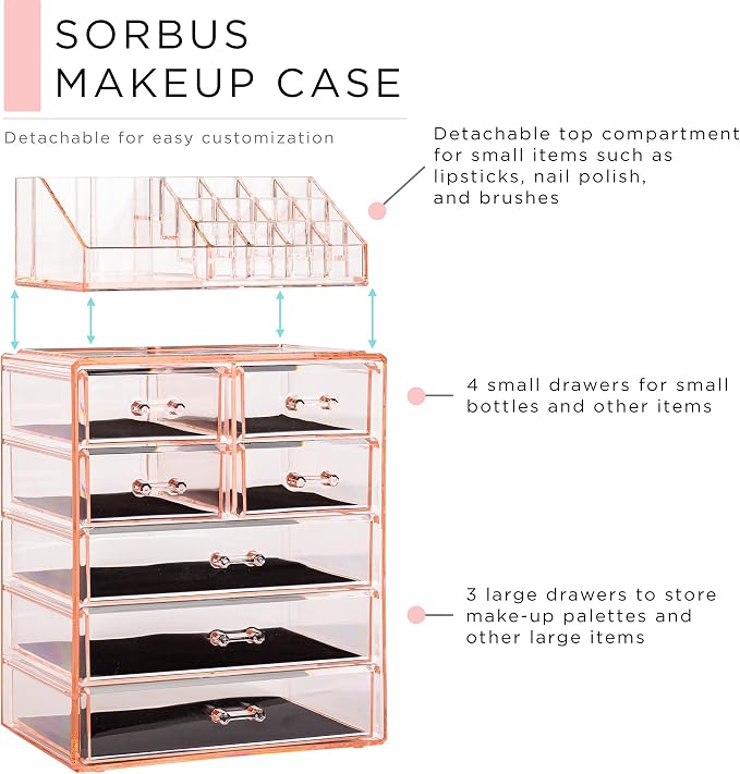 Sorbus Acrylic Makeup Organizer Set, 7-Drawer Vanity & Countertop Cosmetic Storage with Small & Wide Compartments, Pink Makeup Storage for Brushes, Jewelry – Holiday Gift for Women & Teens