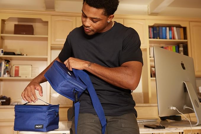 PackIt Mod 3-In-1 Lunch Box for Men and Women, True Blue, Black with EcoFreeze Technology (Built-in Ice Packs), Removable Crossbody Strap, Designed for Outdoor, Work & Everyday Use