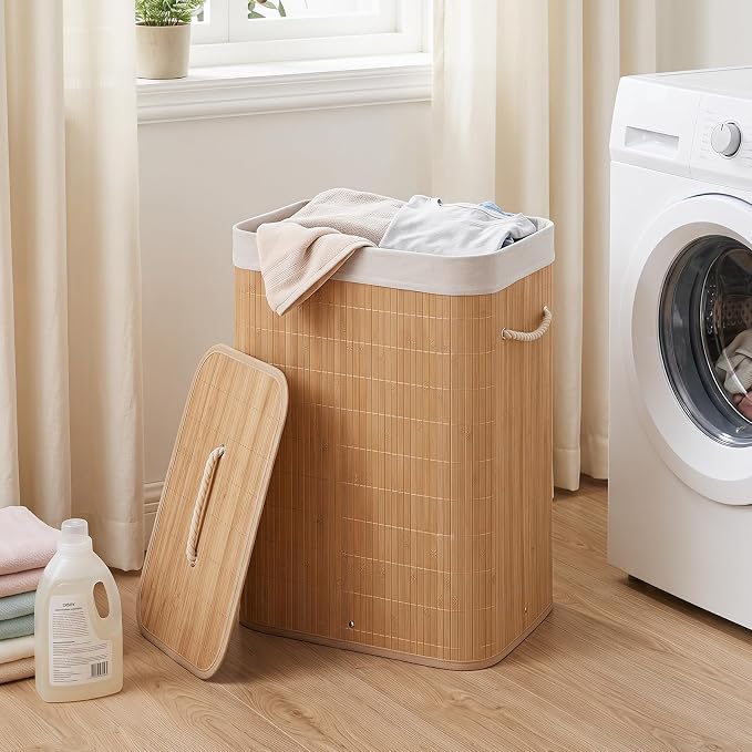Giantex Bamboo Laundry Hamper with Lid, Removable Liner & Portable Handles | 19 Gal Large Capacity Clothes Hamper, Rectangular Laundry Basket for Bedroom Bathroom Laundry Room