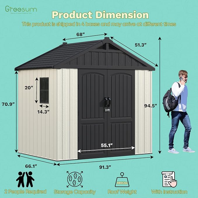 Greesum 8x6FT Plastic Outdoor Storage Shed with Floor, Resin Sheds with Window and Lockable Door, Easy Assembly, HDPE Kick-it Shed for Garden, Lawn, Backyard, Beige