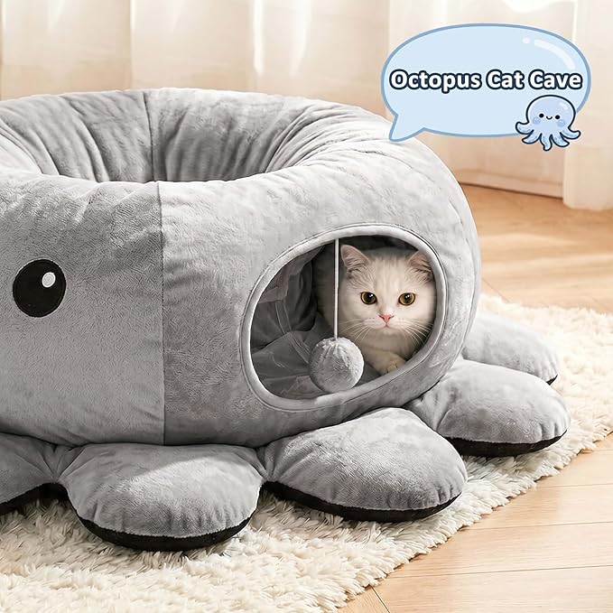 Cat Tunnel Bed for Indoor Cats, Peekaboo Cat Cave Bed with 20 Pcs Cat Toys, Soft Cat Donut Tunnel for Kitten Large Cats, Grey Octopus