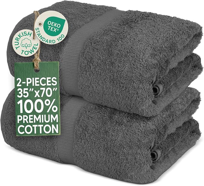Towel Bazaar 2-Piece Jumbo Bath Towel Set, Cotton Turkish Towels, 35x70 Luxury Towel Super Soft and Absorbent, Perfect Use for Bathroom, Shower Towels - Dark Gray