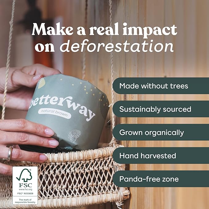 Betterway Unbleached Bamboo Toilet Paper Rolls - Eco-Friendly 3 Ply Toilet Tissue - 12 Long-Lasting Rolls - 360 Sheets/Roll - Organic, FSC Certified, Septic Safe TP - Lint-Free, PFAS-Free Bath Tissue