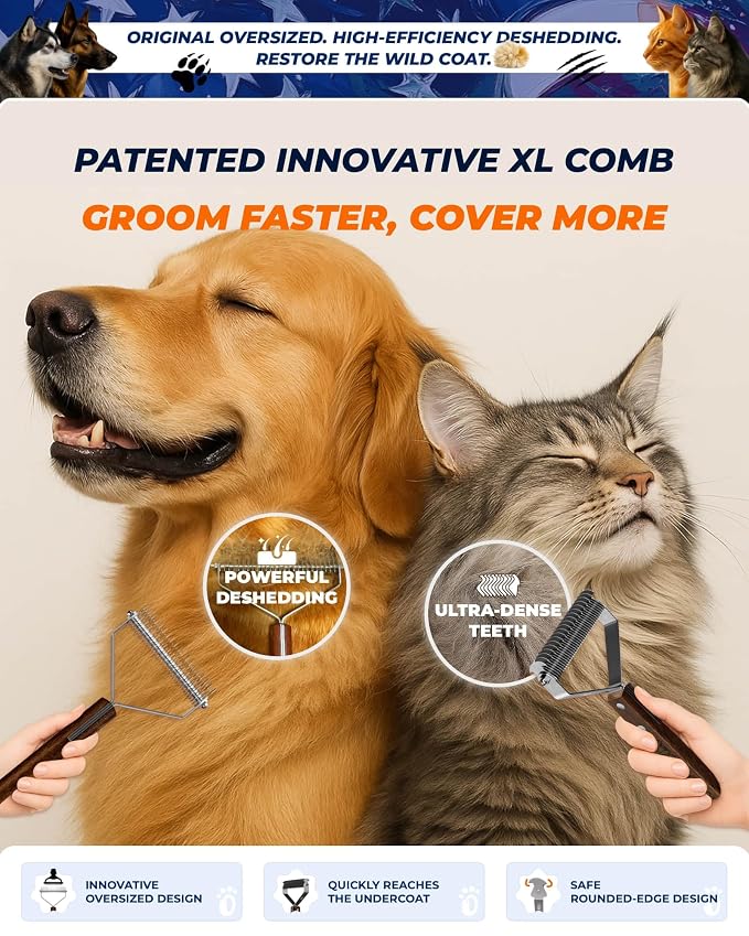 Dog Brush for Shedding 20 Blade Dematting Tool Pet Brush Dual Side, Undercoat Rake for Large Medium Small Dogs and Cats, Shedding Dog Comb for Grooming, Premium Wood Handle