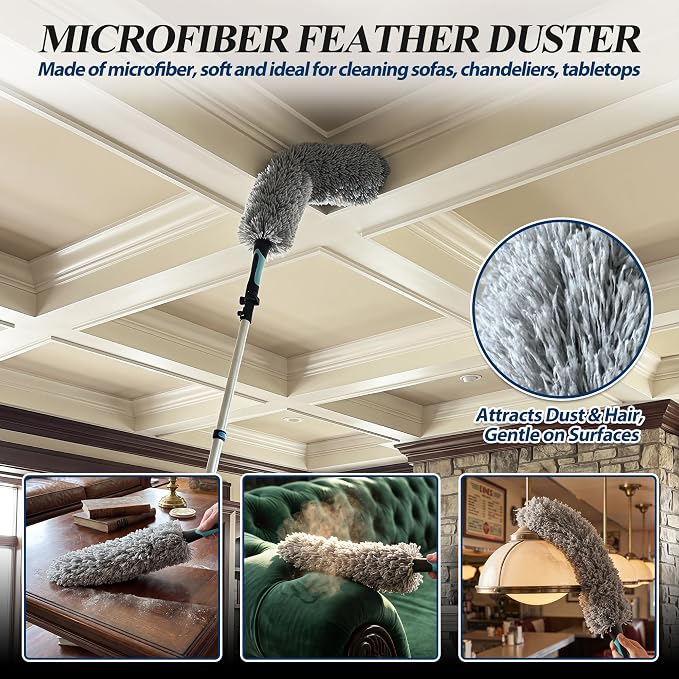 COVERONICS 23FT High Duster Cleaning Tools with 4-16FT Extension Poles | Reusable Fan Duster Cleaning Kits with Ceiling Fan Cleaner Duster, Window Squeegee, Microfiber Feather Duster & Cobweb Duster