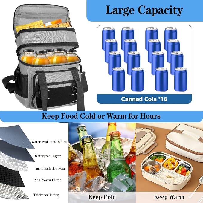 Lunch Box Cooler Bag - Tactical Insulated Lunchbox for Men - Large Lunch Pail Kit for Adults Work Outdoor Shifts Trips Grey 16L