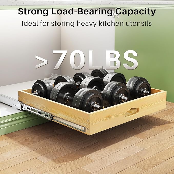 Pull Out Cabinet Organizer, Soft Close Wooden Slide Out Drawers for Pots and Pans, Full-extension Roll Out Shelves for Kitchen Cabinets, Pantry Organization, Bottom & Side Mount(26"W X 21"D x 3.4''H)