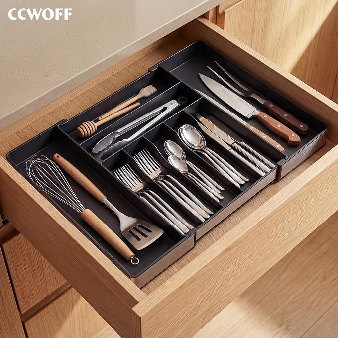 Extra Large Silverware Organizer, 9 Slot Expandable Kitchen Drawer Organizer, Utensil Holder, Heavy Duty Stainless Steel Frame Silverware Drawer Organizer, 8 Non-Slip Feet Included, BPA Free, Black