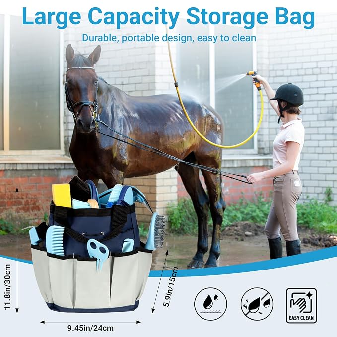Horse Grooming Kit, 14-in-1 Professional Horse Brush Supplies Set for Grooming & Care, with Horse Brushes, Curry Comb, Hoof Pick & Waterproof Storage Tote Bag for Shining, Detangling, Massaging(Blue)