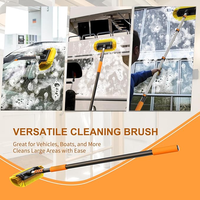 SISUPASSIE Car Wash Brush, 16FT Telescopic Car Wash Brush with Long Handle, 12-Inch Soft Bristle Car Cleaning Brush for Cleaning Car, RV, Truck, Boat, Solar Panels