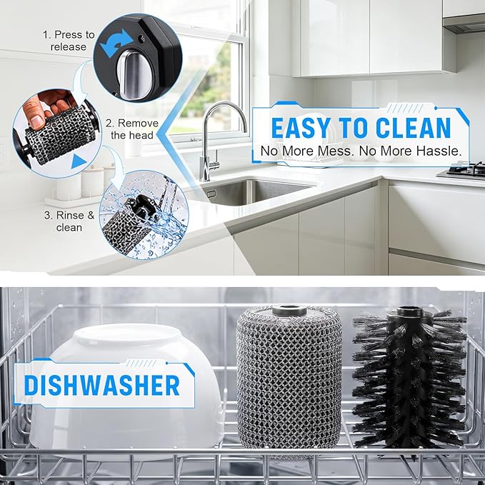 Electric Grill Brush, 350 RPM BBQ Grill Cleaner with 2 Replace Cleaning Heads, 2600mAh Battery Cordless Griddle Scrubber Waterproof for Outdoor Flat Top, Cast Iron, Barbecue Grates, Black