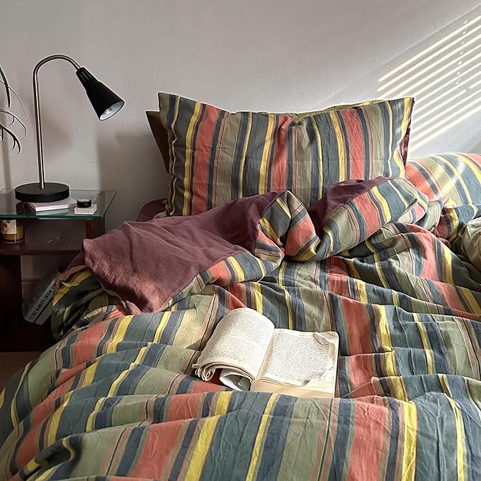 mixinni Vintage Striped Duvet Cover Set Queen Size - 3 Piece 100% Washed Cotton Bedding Set, Soft & Breathable, Colorful Striped Pattern Printed Comforter Cover for All Seasons