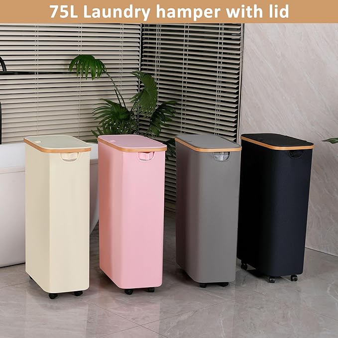 iEGrow 75L Slim Laundry Hamper with Wheels,Clothes Hamper for Laundry,Laundry Basket with Lid & Inner Bag,for Laundry Room, Bedroom, Dormitory Organization,Black