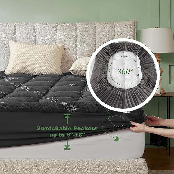 BEDLORE RV Queen Mattress Topper Viscose Derived from Bamboo,Pillow Top Mattress Pad with Stretchable Pockets for 6"-15" Mattress, Soft Breathable Mattress Topper for Back Pain Relief(Dark Gray)