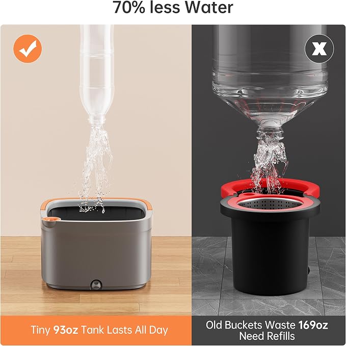 Spin Mop and Bucket Set with 2 Replaceable Microfiber Mop Pads with Self Separation Dirty and Clean Water System, Self Wringing 360° Rotating Square Mop Head for Hardwood Tile Marble Floors