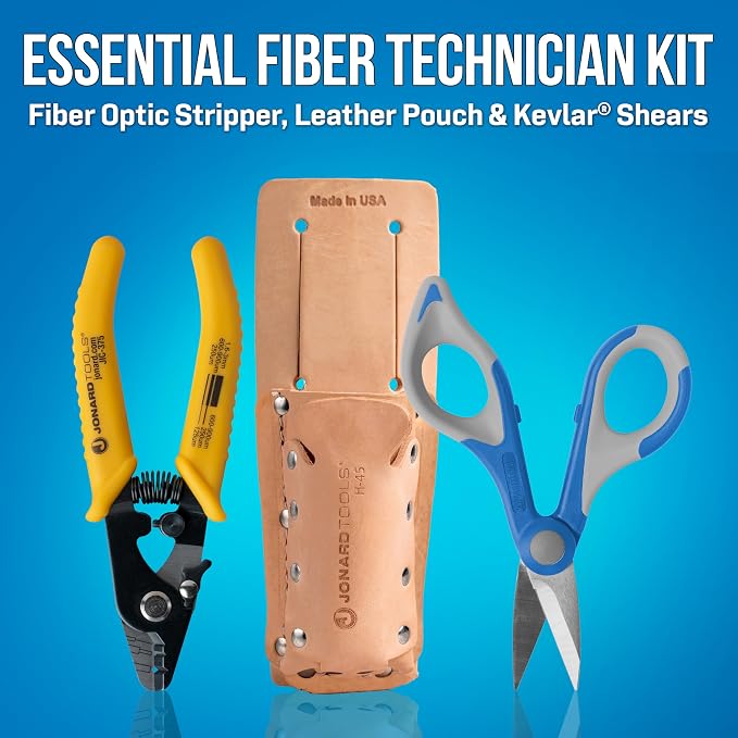 Jonard Tools TK-355 3 Hole Fiber Stripper & Kevlar Shears Scissor Kit, Leather Pouch