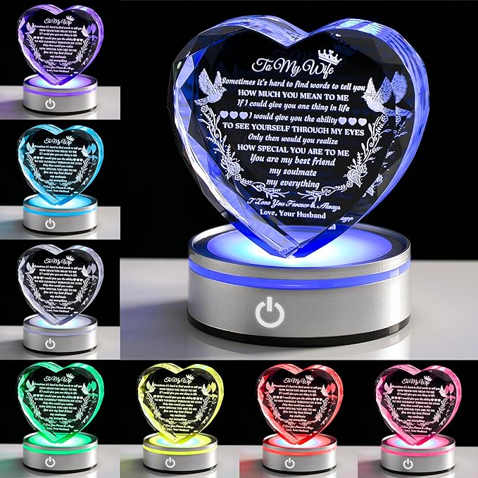 Gifts for Wife with LED Base, Romantic Crystal Keepsakes Presents for Wedding Valentines Day Christmas, Anniversary Birthday Gift for Women from Husband