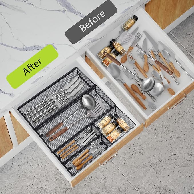 Neudeco Drawer Organizer, Black, 5 Pack, 15x6.2x2 inches | Metal Mesh Silverware Tray, Interlocking Design, 5 Compartment, For Kitchen Utensils