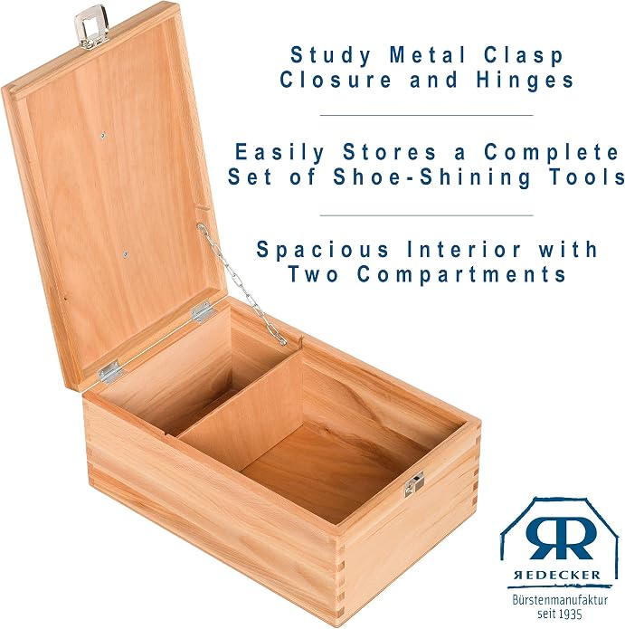 Redecker Oiled Beechwood Shoe Cleaning Box with Folding Lid, 13-1/4 x 9 x 5-3/4-Inches - Wooden Shoe Cleaning Box Storage - Shoe Shine Box Wood - Boot Shine Box - Shoe Shine Box Vintage