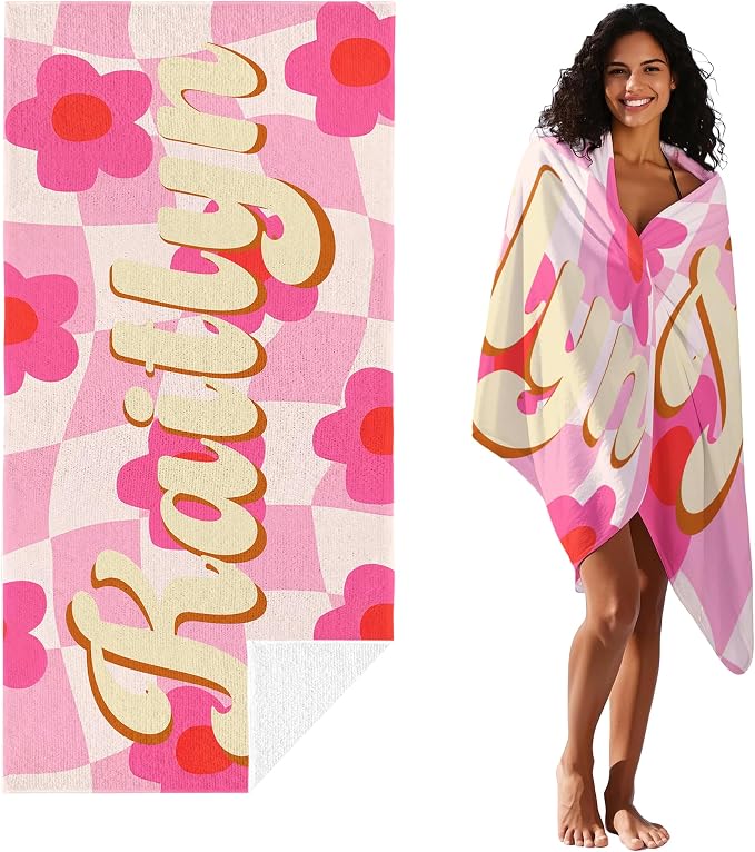 JML Personalized Beach Towel with Name, Custom Flower Beach Towel, Customized Microfiber Pool Towel, Quick Dry & Absorbent Swim Towel for Adult,Anniversary, Birthday, Summer Holiday,Vacation