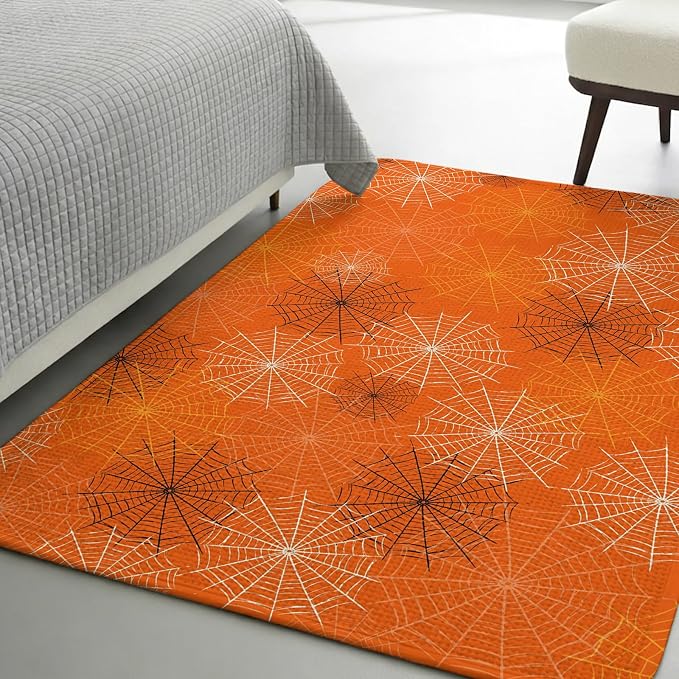 Orange Halloween Washable Area Rugs for Living Room Bedroom, Large Non Slip Indoor Floor Carpet Absorbent Low Pile Black White Net Halloween Door Mat Rugs for Bathroom Entryway 63"x78.7"