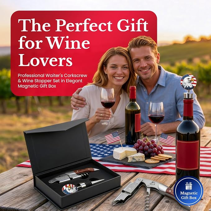 Patriotic Wine Bottle Opener Set: Professional Waiters Corkscrew Wine Opener & Wine Bottle Stopper - Double-Hinged Stainless Steel & Rosewood. 2-Piece Wine Accessories Gift Set