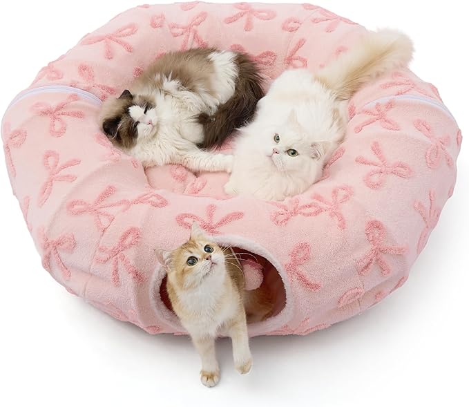 Lesure Large Cat Tunnel Bed - Cute Donut Bed for Indoor Cats with Washable Circle Cushion, Round Pet Peekaboo Cave Toy for Multi Kitten/Puppy/Rabbit, Large Pink Taffy