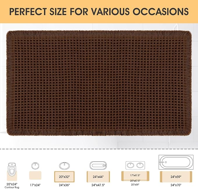 IM HOME Waffle Bath Mat Brown 24"x17", Boho Woven Modern Bath Mat, Absorbent Non Slip Bathroom Rugs, Soft Washable Rug with Tassels for Bathroom, Bedroom, Kitchen, Shower, Tub