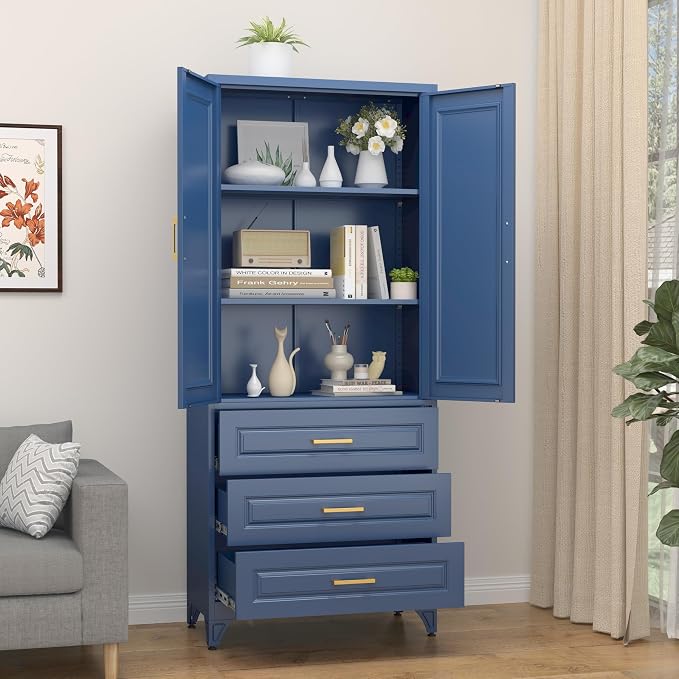 SteeLoong 75" Metal Storage Cabinet with Doors and 2 Adjustable Shelves | Kitchen Pantry Cabinet with 3 Drawers,Blue Kitchen Cabinet with 2 Gold Handles,Food Cupboard for Livingroom,Pantry, Bathroom