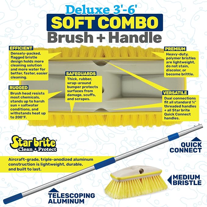 STAR BRITE Deluxe Telescoping Deck Brush Kit - Extendable Aircraft-Grade Aluminum Handle, Soft or Medium Bristles, Floats if Dropped, Ergonomic Design, Multi-Surface Cleaning