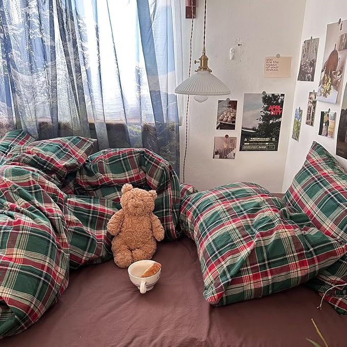mixinni Vintage Green Buffalo Plaid Washed Cotton Duvet Cover Queen - Soft Breathable Textured Bedding Set with Zipper Closure for All Seasons-1 Duvet Cover + 2 Pillow Shams-Queen Size