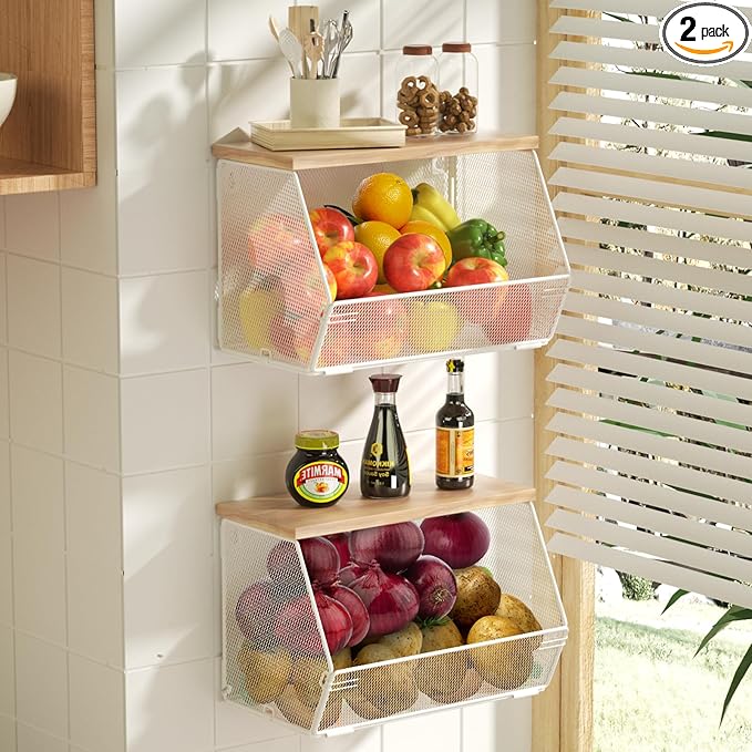 2 Tier Fruit Basket for Kitchen Counter, Stackable Onion and Potato Storage Basket, Wall Mounted Wire Basket with Wood Lid, Hanging Kitchen Storage Vegetable Organizer, 11.8 x 7.1 x 8.6 Inch