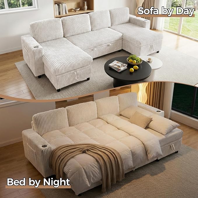 U-Shaped Couch with Pull Out Bed, Sectional Sleeper Sofa, White | Hidden Storage, USB & Type-C Port, Cup Holders, Cloud Corduroy, Modular Design for Living Room, Apartment, Easy Assembly