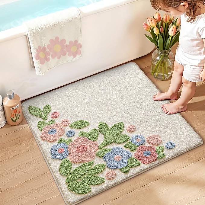 LUMI Bathroom Rugs Cute Flower, Soft Absorbent Squarer Bath Mat Non-Slip, Machine Washable Quick Dry Warm White Bloom Luxury Rug Flower for Kids Room, Bathtub, Home Decor, 26"x26"