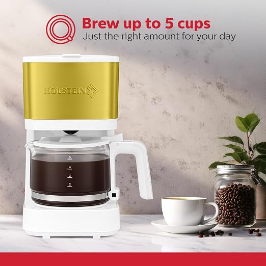 Holstein Housewares 5 Cup Coffee Maker – Compact Drip Coffee Machine with Auto Pause & Serve, Reusable Filter, Glass Carafe, Water Window & Warming Plate. White & Gold