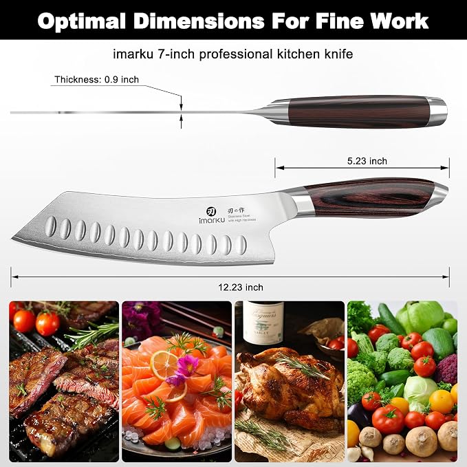 imarku Japanese Santoku Knife 7 Inch, 10Cr15CoMoV 3-Layer Stainless Steel | Ultra-sharp hollow-edge kitchen chef knife 59±2 HRC, lasting sharpness & rust resistant, ergonomic Pakkawood grip, gift-ready