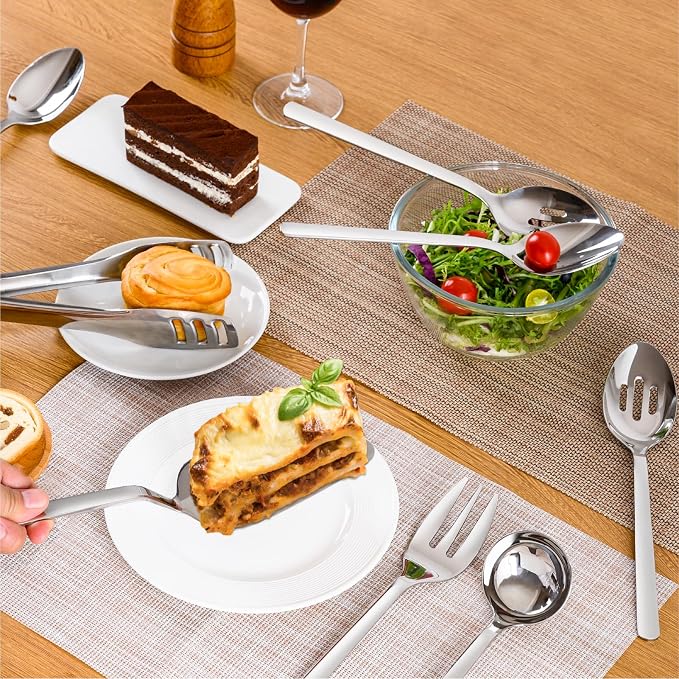 10 piece Large Hostess Serving Utensils Set,18/10 Stainless Steel | Heavy Duty Serving Set, 10 inch Serving Spoons, Slotted Spoons, Forks, Tongs, Cake Pie Server for Buffet, Wedding, Parties