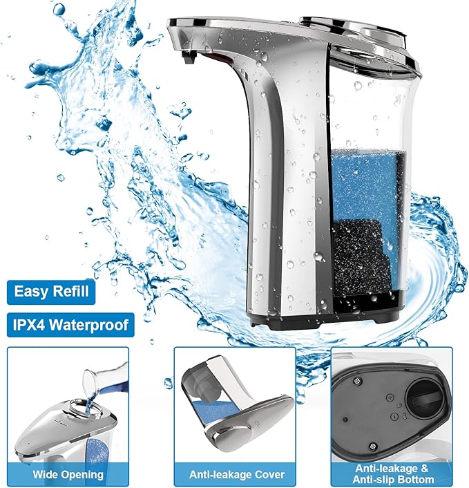 PZOTRUF Automatic Soap Dispenser, Touchless Dish Soap Dispenser 17oz/500ml with Upgraded Infrared Sensor, 5 Adjustable Soap Dispensing Levels, Liquid Hand Dispenser for Bathroom (Silver Set)