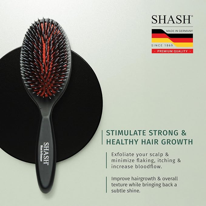 SHASH Since 1869 Hand Made In Germany - Nylon, 100% First Cut Boar Bristle Brush Suitable For Normal to Thick Hair - Gently Detangles, No Pulling or Split Ends - Softens Improves Texture, (Medium)