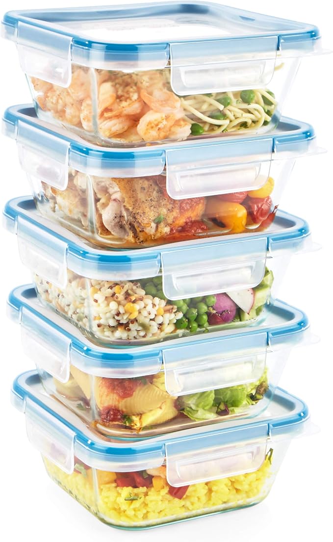 Snapware Glass Total Solutions (5-Pack, 4 Cup) Food Storage Containers Set, Airtight & Leakproof Plastic Locking BPA-Free Lids, Freezer Dishwasher Microwave Safe