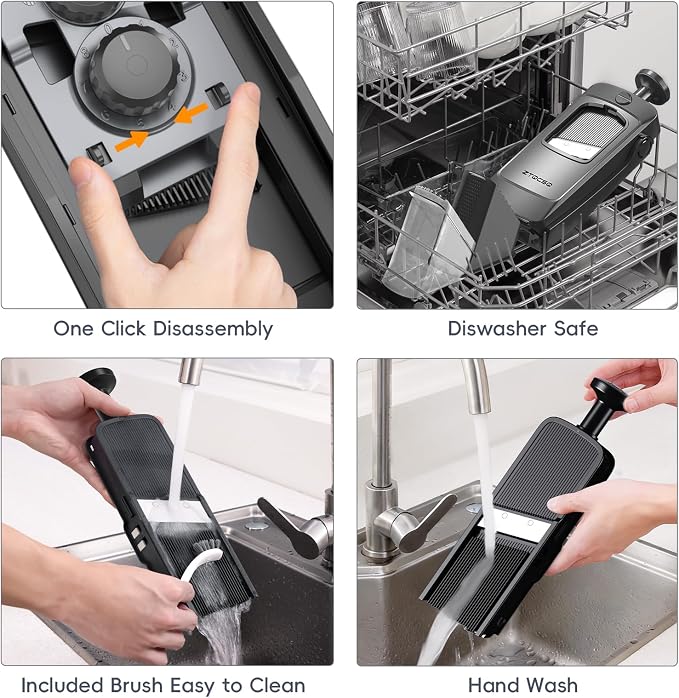 Vegetable Slicer with Adjustable Thickness, Easy to Clean Potato Mandoline Slicer with Container, Rapid Prep French Fry Veggie Cutter/Onion Slicer, Free Grater/Cleaning Brush (Black)