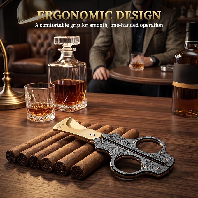 Cigar Scissors Cutter Stainless Steel Double Blade Guillotine Cutter Straight Cut Scissors with Leather Case(Black)