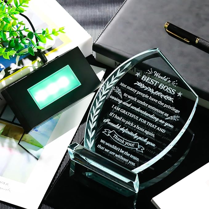 Movdyka Boss Gifts for Women Men Bosses Appreciation Gifts for Woman, Crystal Plaque with Colorful Light Base, Boss's Day Gifts Farewell Retirement Goodbye Birthday Office Decor
