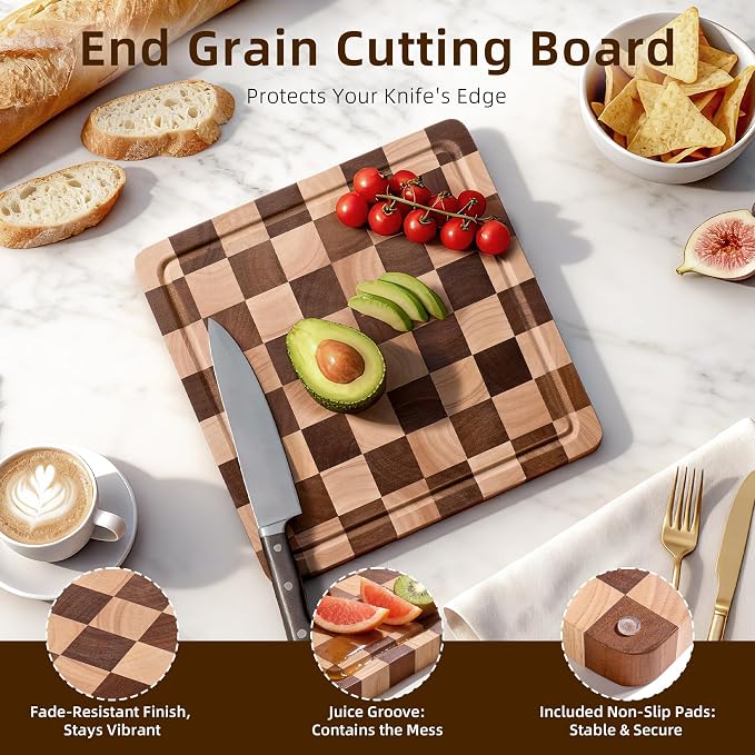 Checkered Cutting Board for Kitchen - Wood End Grain Checkerboard Chopping Board with Handle & Juice Groove, Double Sided for Food Prep, Serving and Decor, Square 12" x 12" x 1" ﻿