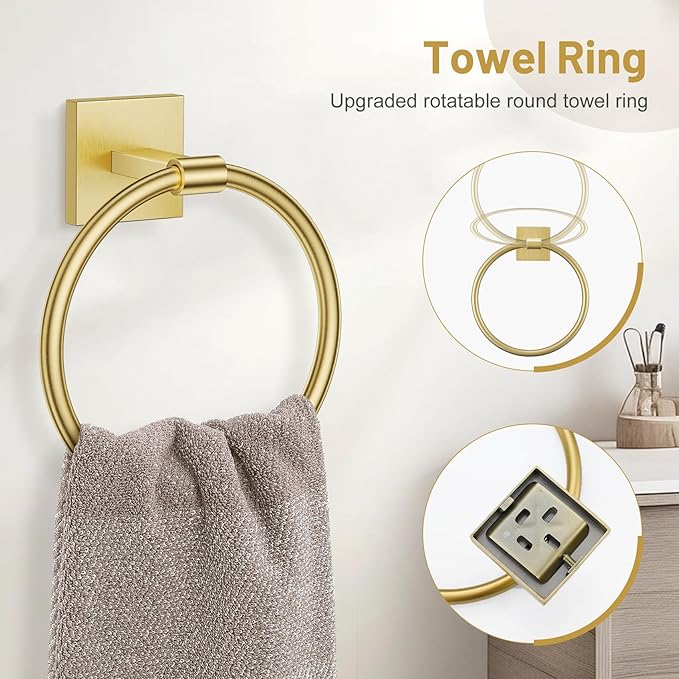 Lairuier 5 Pieces Bathroom Hardware Set Brushed Gold Towel Bar Set Includes 23.6” Towel Bar, Towel Ring Holder, Toilet Paper Holder and Two Towel Hooks, Bathroom Accessories Set SUS304 Wall Mounted