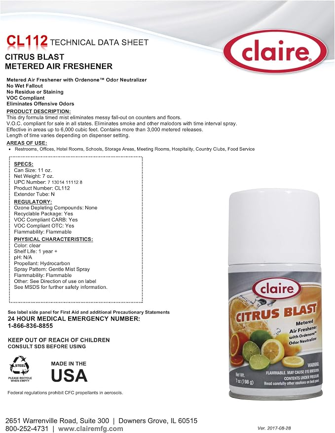 Claire C-112 Citrus Splash Metered Air Freshener Aerosol Can, 7 Ounce (Pack of 12)