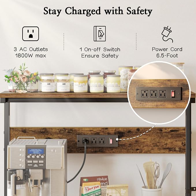 SUPERJARE Bakers Rack with Power Outlets, Microwave Stand, 39.4 X 14.3 Inch Larger Desktop, Kitchen Storage Rack with Adjustable Middle Shelf, 6 S-Shaped Hooks, Coffee Bar Stand, Rustic Brown