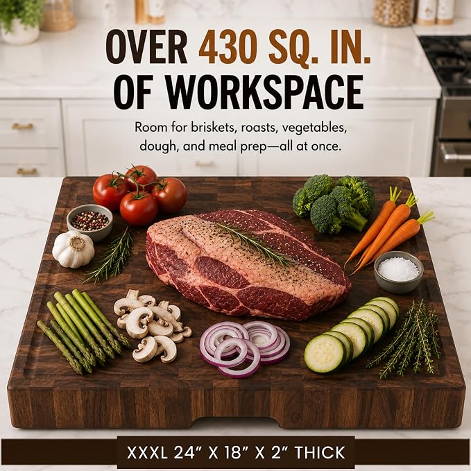 SHUMARU XXXL End Grain Cutting Board 24 x 18 x 2 Inch Thick, Premium Exotic Heartwood Butcher Block, Knife-Friendly Wood Chopping Block with Juice Groove, Non-Slip Feet & Side Handles