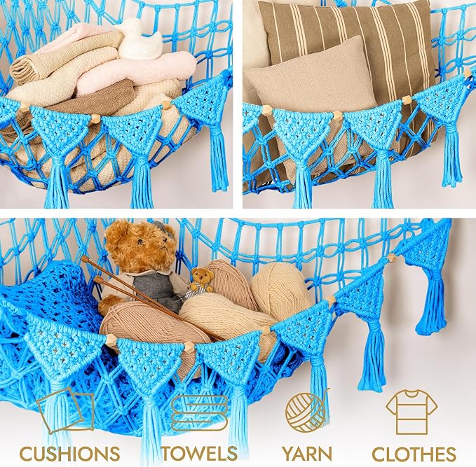 TIDYTEDS Macrame DreamLights Boho Stuffed Animal Storage Net Hammock Extra Large Plush Toy Storage Holder For Small Or Large Plushies BLUE