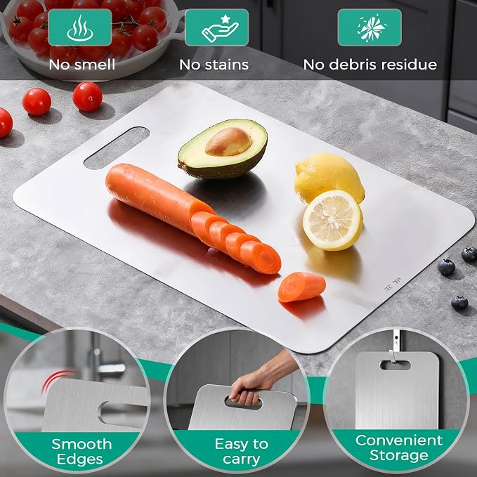 Katori Titanium Cutting Board - Upgraded 100% Pure Titanium Cutting Boards for Kitchen Non Toxic, Double Sided Food Grade Hygiene Non Moldy Dishwasher Safe Meat Fruit Metal Board (2PC 11 * 15.5 Inch)